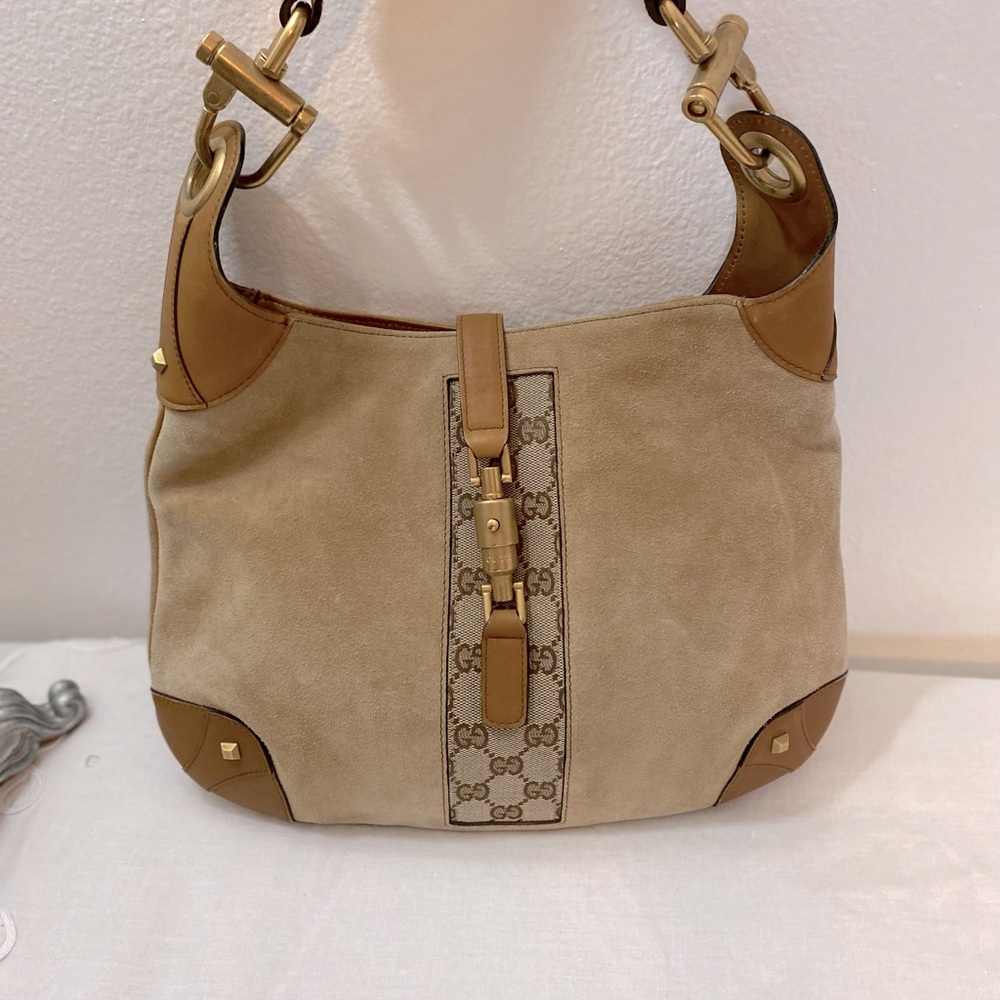 GUCCI Jackie Suede Hobo Bag Brown Nailhead - Picture 2 of 6